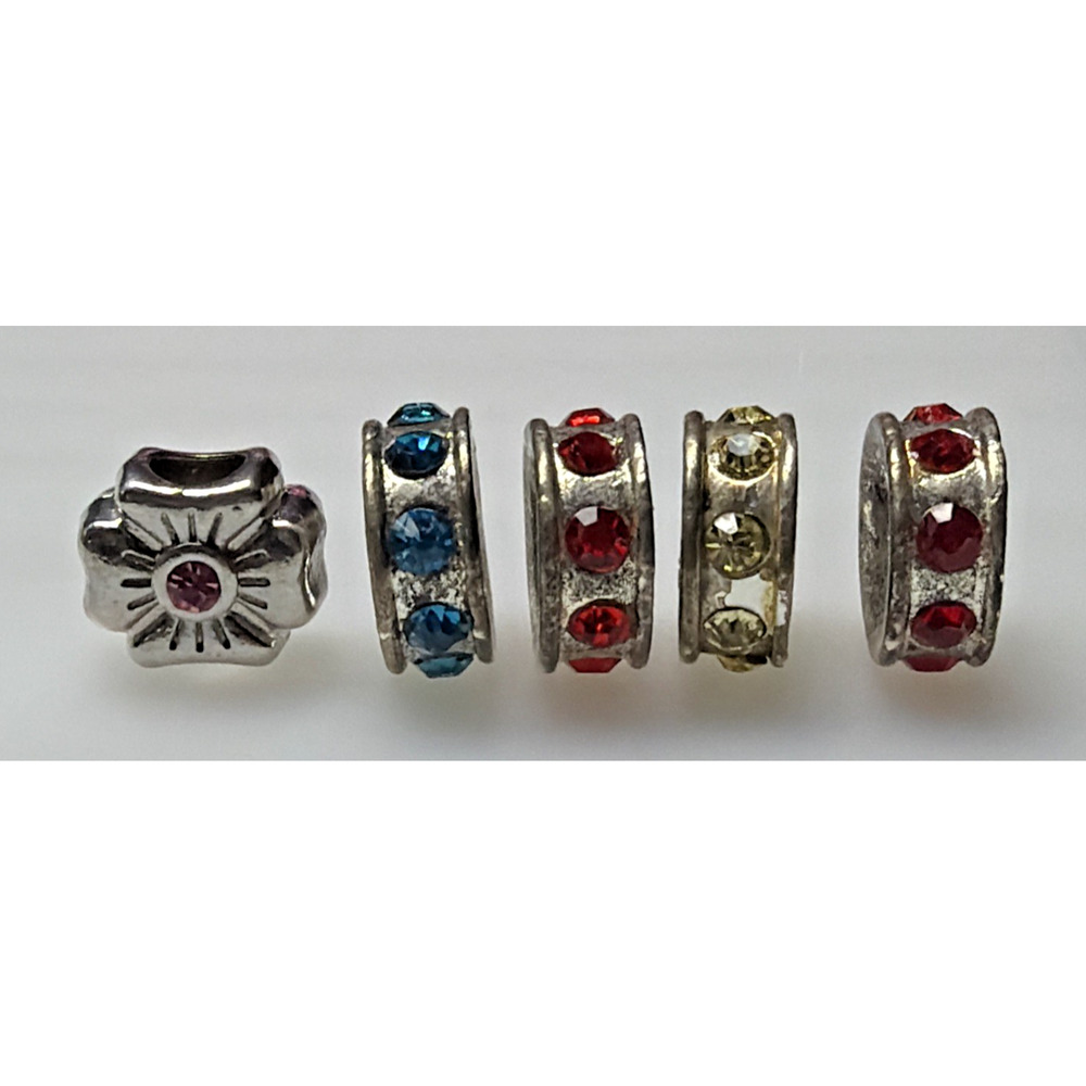 Vtg Lot of 5 Rhinestone Spacer Beads Floral Silver
